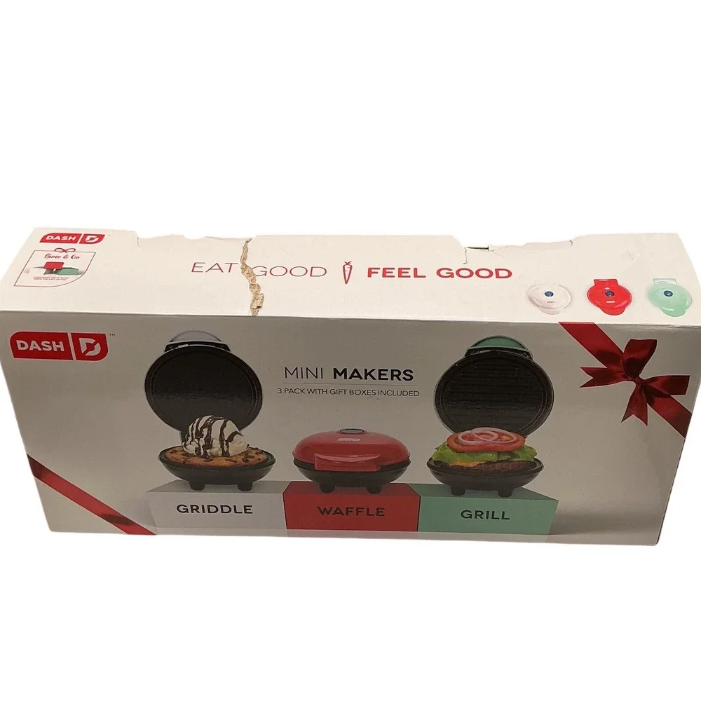 Dash Mini Makers 3 Pack Gift Set Waffle Maker Griddle‎ Grill Red White Aqua NEW